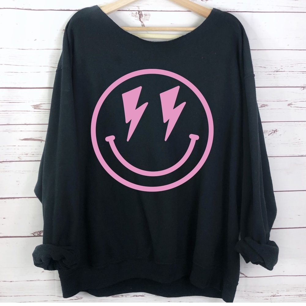 Graphic Smiley Face Slouch Neck Long Sleeve Sweatshirt.